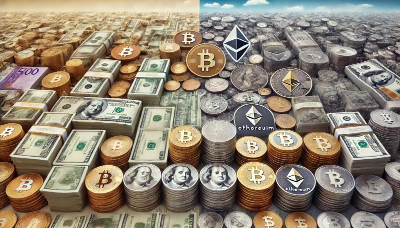 Various denominations of real money, including banknotes and coins, neatly stacked and arranged in piles, mixed with cryptocurrency, and digital symbols of popular cryptocurrencies like Bitcoin and Ethereum, against a plain background.